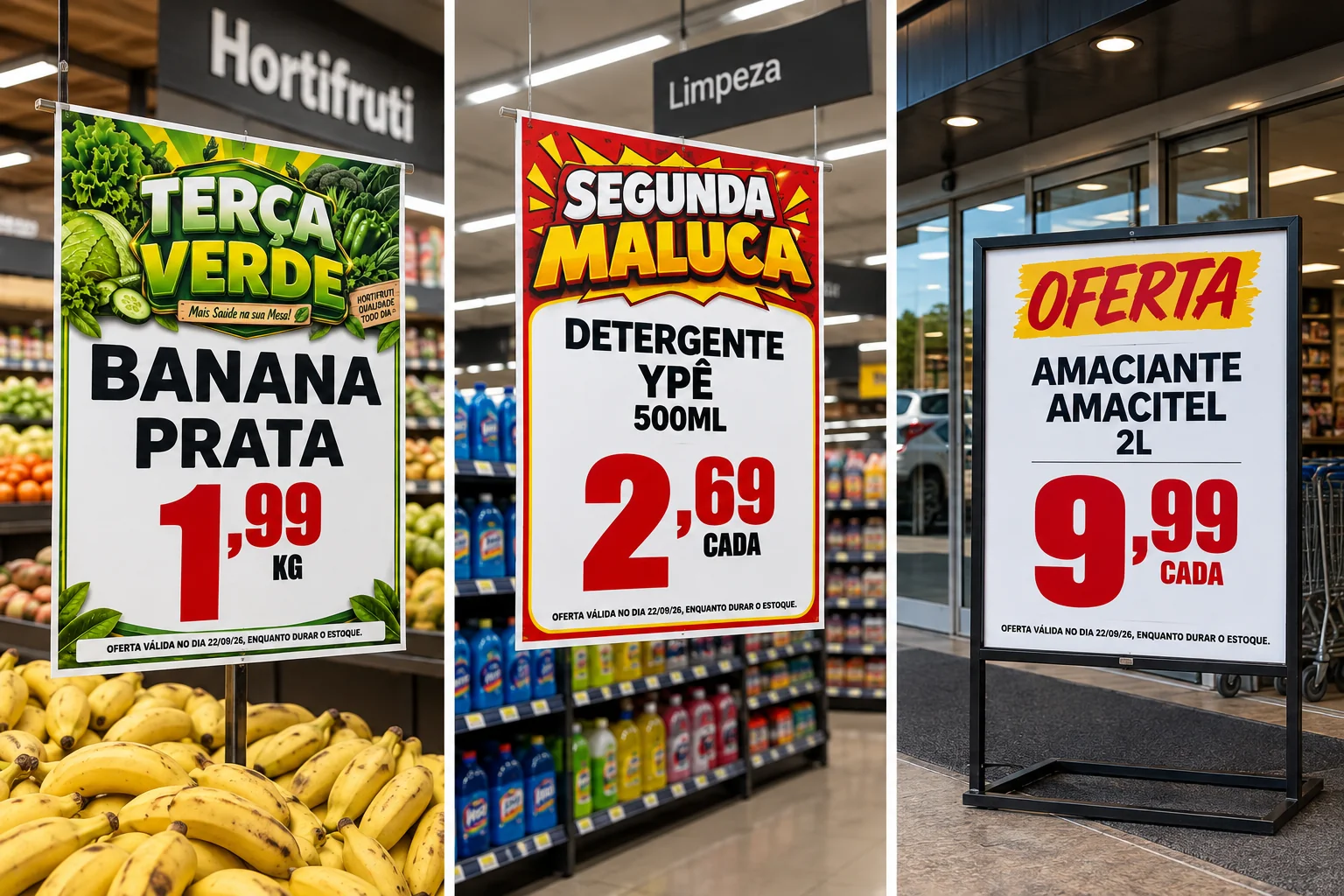 Cartazes de ofertas criados no Preço Pronto em lojas reais: Terça Verde no hortifruti, Segunda Maluca na seção de limpeza e quadro de oferta na fachada da loja